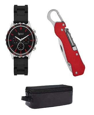American Exchange Men's Quartz Black Silicone Strap Watch 50mm Gift Set