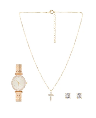 Jessica Carlyle Women's Analog Shiny Gold-Tone Metal Bracelet Watch 34mm with Necklace Earring Set