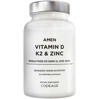 Amen Vitamin D, K2 & Zinc, Cholecalciferol D3 5000 Iu, Organic Whole Food Blend with Apple, Blueberry, Cranberry, Elderberry Powder Fruits, D3 K2 Vita