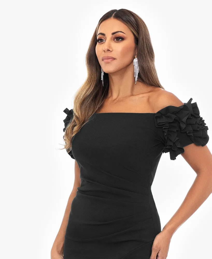 Xscape Petite Off-the-Shoulder Ruffle-Sleeve Midi Dress