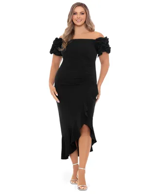 Xscape Plus Ruffled Off-The-Shoulder Midi Dress