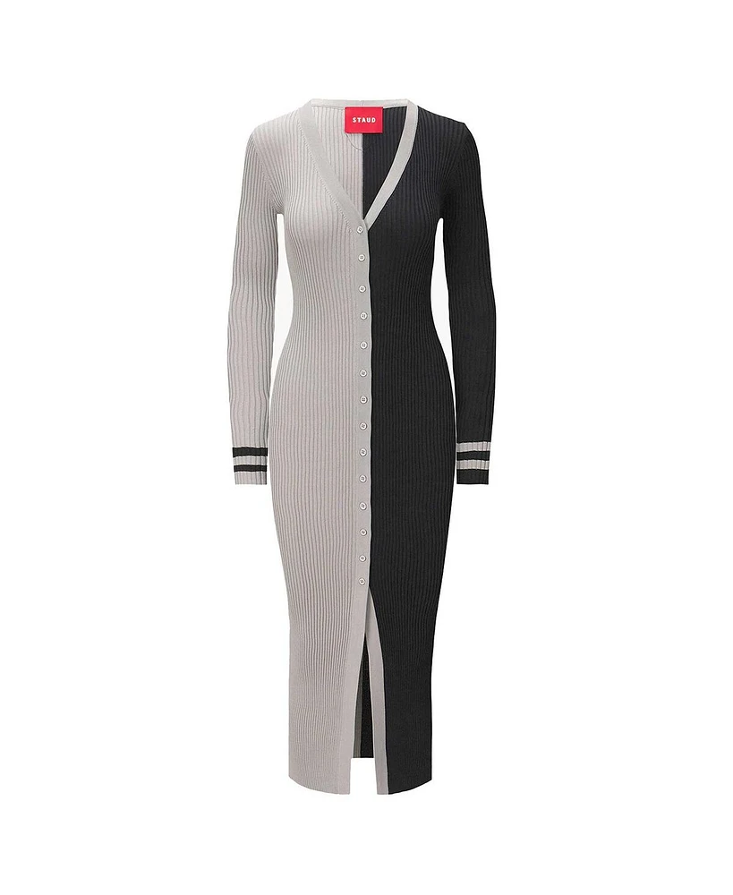 Women's Staud Silver, Black Las Vegas Raiders Shoko Knit Button-Up Sweater Dress