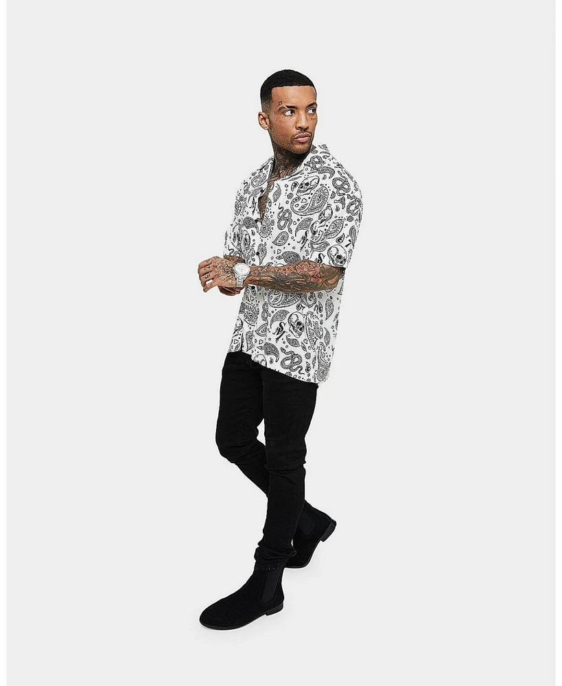 Saint Morta Men's Paisley Skulls Short Sleeve Button Up Shirt