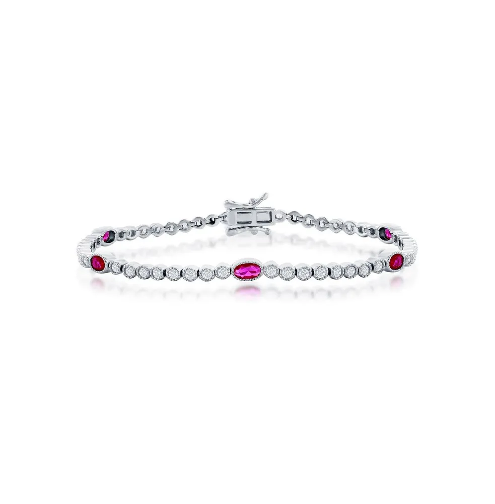 Sterling Silver Beaded Outline Round & Oval Cz Bracelet (Green, Blue, Or Red)