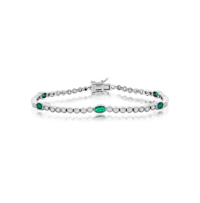 Sterling Silver Beaded Outline Round & Oval Cz Bracelet (Green, Blue, Or Red)