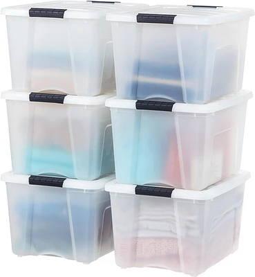 Iris 6 Pack 40qt Plastic Storage Bin with Lid and Secure Latching Buckles, Pearl