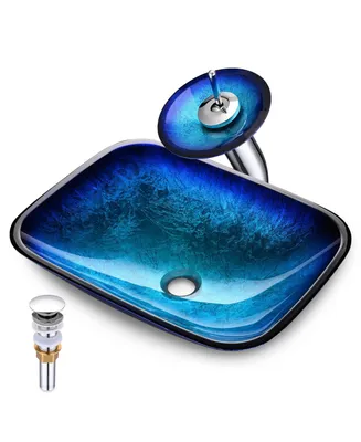 Aquaterior Tempered Glass Sink Transitional Style Basin Waterfall Faucet Kit