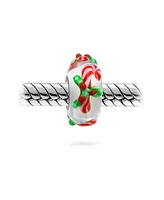 Bling Jewelry Christmas Holiday Red Candy Cane Peppermint Murano Glass Sterling Silver Spacer Bead Fits European Charm Bracelet