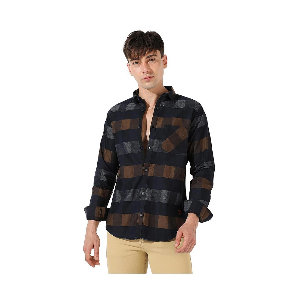 Campus Sutra Men's Grey & Olive Green Gun Club Check Shirt