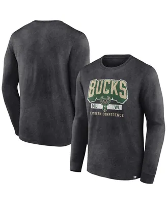 Men's Fanatics Heather Charcoal Distressed Milwaukee Bucks Front Court Press Snow Wash Long Sleeve T-shirt