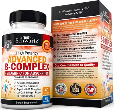 Advanced B-Complex Capsules, Low Carb Diet Support, Bioschwartz, 60ct