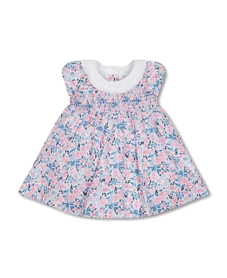 Hope & Henry Baby Girls Layette Short Sleeve Linen Dress with Ruffle Collar
