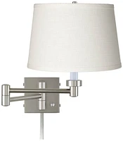 Modern Swing Arm Wall Lamp with Cord Cover Brushed Nickel Plug-In Light Fixture White Linen Tapered Drum Shade for Bedroom Bedside House Reading Livin