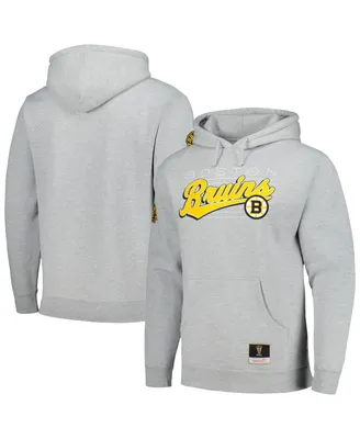 Men's Mitchell & Ness Heather Gray Boston Bruins 100th Anniversary Script Sweep Pullover Hoodie