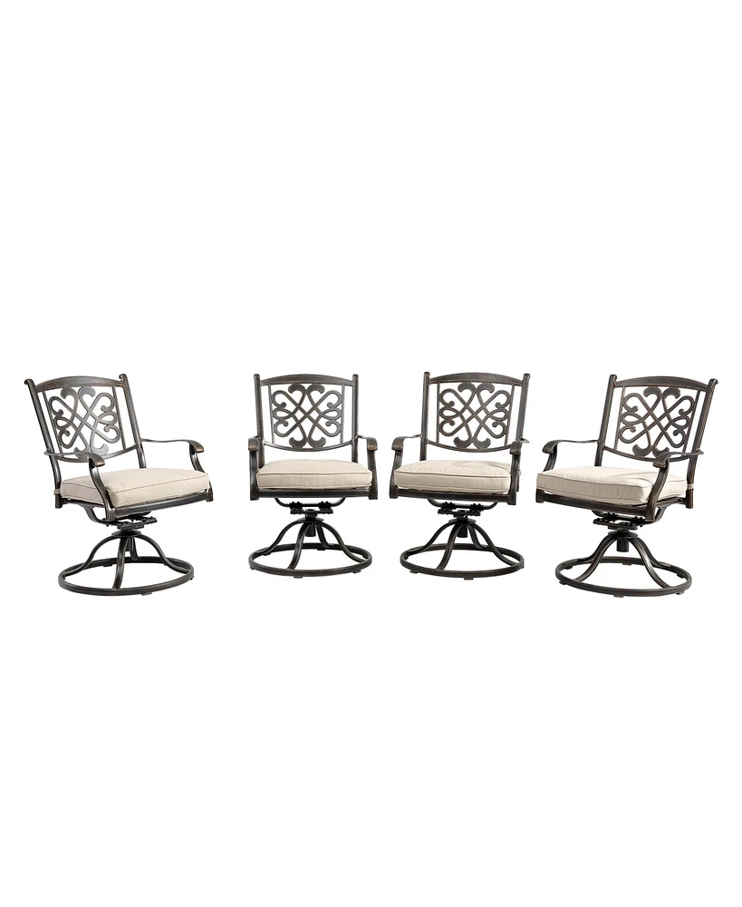 Mondawe Charcoal Gray Cast Aluminum Outdoor Dining Arm Chairs with Flower Pattern Backrest (Set of 4), Beige
