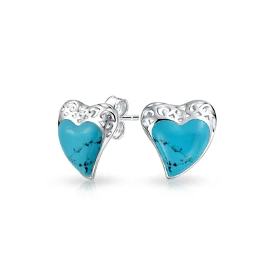 Bling Jewelry Bali Style Filigree Natural Stabilized Turquoise Heart Shaped Stud Earrings For Women For Sterling Silver