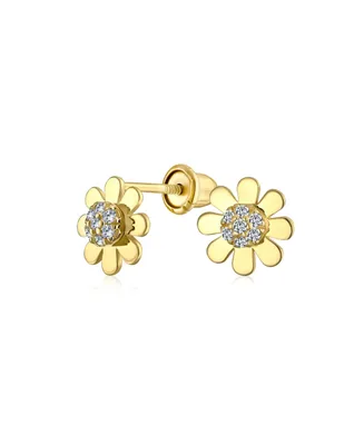 Bling Jewelry Tiny Petite Cz Cubic Zirconia Accent Dainty14K Yellow Gold Sunflower Daisy Flower Stud Earrings Secure Clutch Screw back