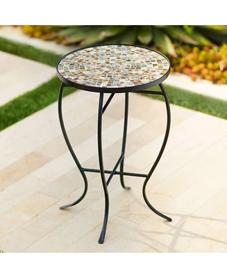 Mother of Pearl Modern Black Metal Round Outdoor Accent Side Table 14" Wide Natural Mosaic Tile Tabletop Gracefully Curved Legs for Spaces Porch