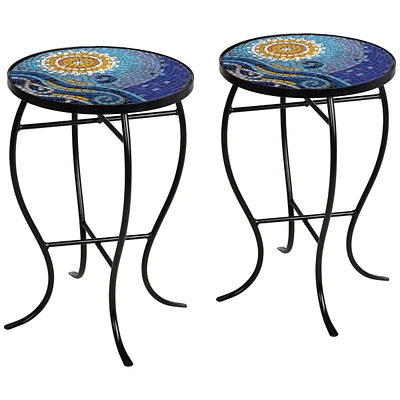 Ocean Scene Modern Black Metal Round Outdoor Accent Side Tables 14" Wide Set of 2 Set of 2 Blue Mosaic Tile Tabletop Gracefully Curved Legs for S