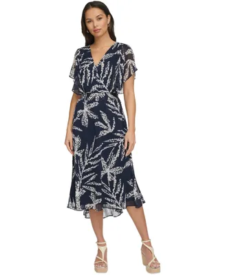Dkny Women's Printed Chiffon Flutter-Sleeve Midi Dress