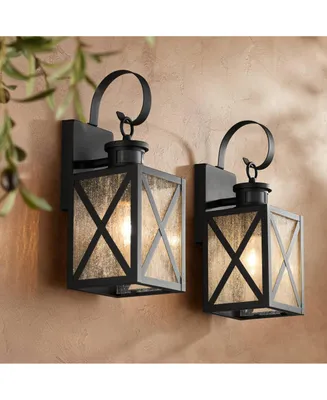 Welling Vintage-like Outdoor Wall Light Fixtures Set of 2 Carriage Style Textured Black 14 1/2" Clear Seedy Glass Dusk to Dawn Motion Sensor for Exter