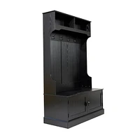Hall Tree With Double Door Entryway Storage Bench, 4 Hook Coat Rack, Top Cubbies