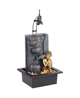 Kneeling Gold Buddha 17" High Small Zen Asian Indoor Outdoor Decor Faux Stone Tabletop Fountain with Light Led Bowl Waterfall Tiered Water Featur