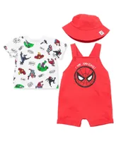 Avengers Baby Boys French Terry Short Overalls T-Shirt and Hat 3 Piece Outfit Set