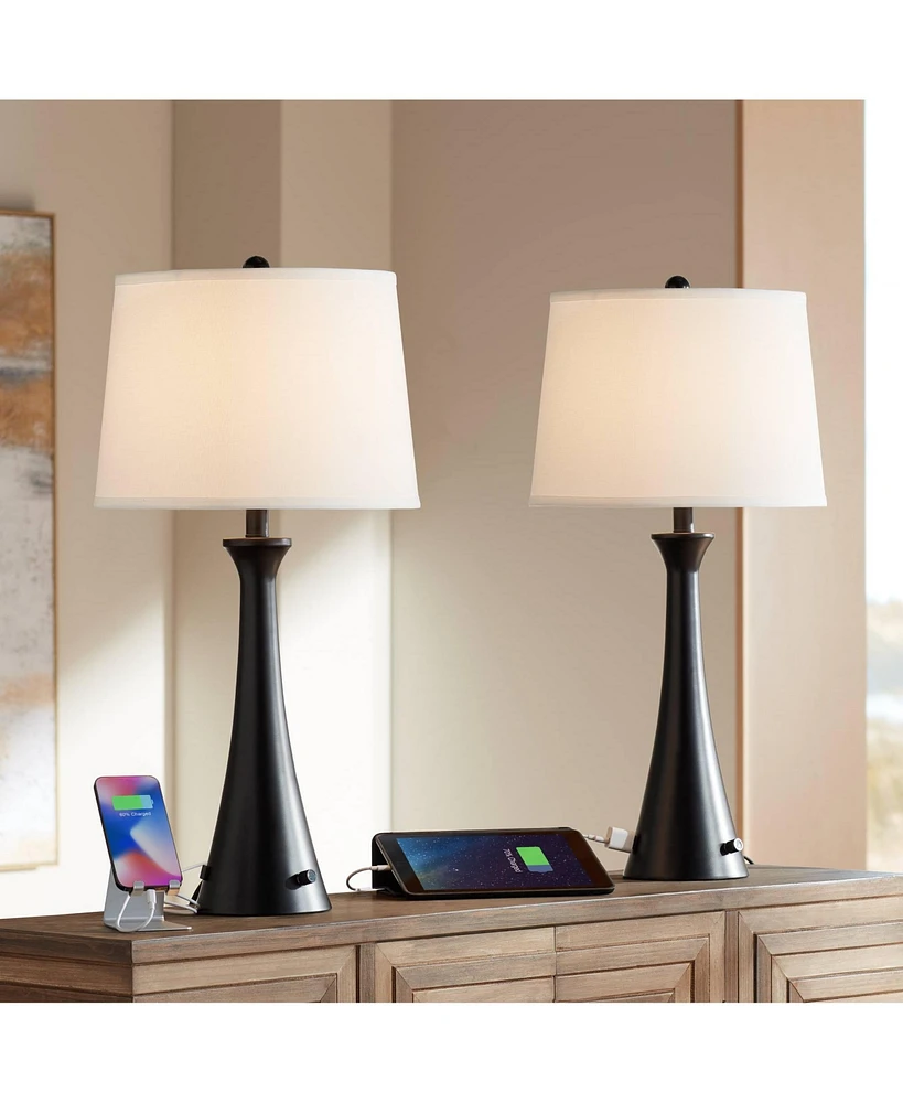 Karl Modern Table Lamps 28 1/4" Tall Set of 2 with Usb and Ac Power Outlet in Base Black Metal White Fabric Drum Shade for Bedroom Living Room Ho