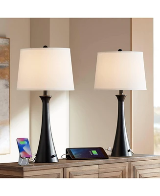 Karl Modern Table Lamps 28 1/4" Tall Set of 2 with Usb and Ac Power Outlet in Base Black Metal White Fabric Drum Shade for Bedroom Living Room Ho