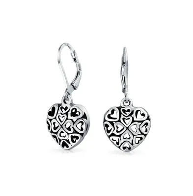 Bling Jewelry Open Clover Flower Filigree Heart Dangle Earrings Oxidized Rose Gold Sterling Silver