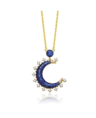 Sterling Silver with 14K Gold and Black Plated Blue Cubic Zirconia Moon Charm Necklace