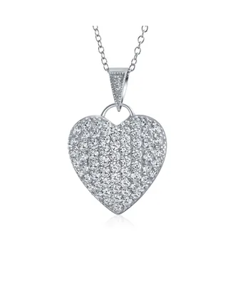 Bling Jewelry Elegant Large Pave Cubic Zirconia Cz Puff Heart Shape Pendant Necklace Sterling Silver Filigree Back