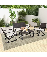 4 Pieces Rattan Patio Rocking Furniture Set with Loveseat and Coffee Table