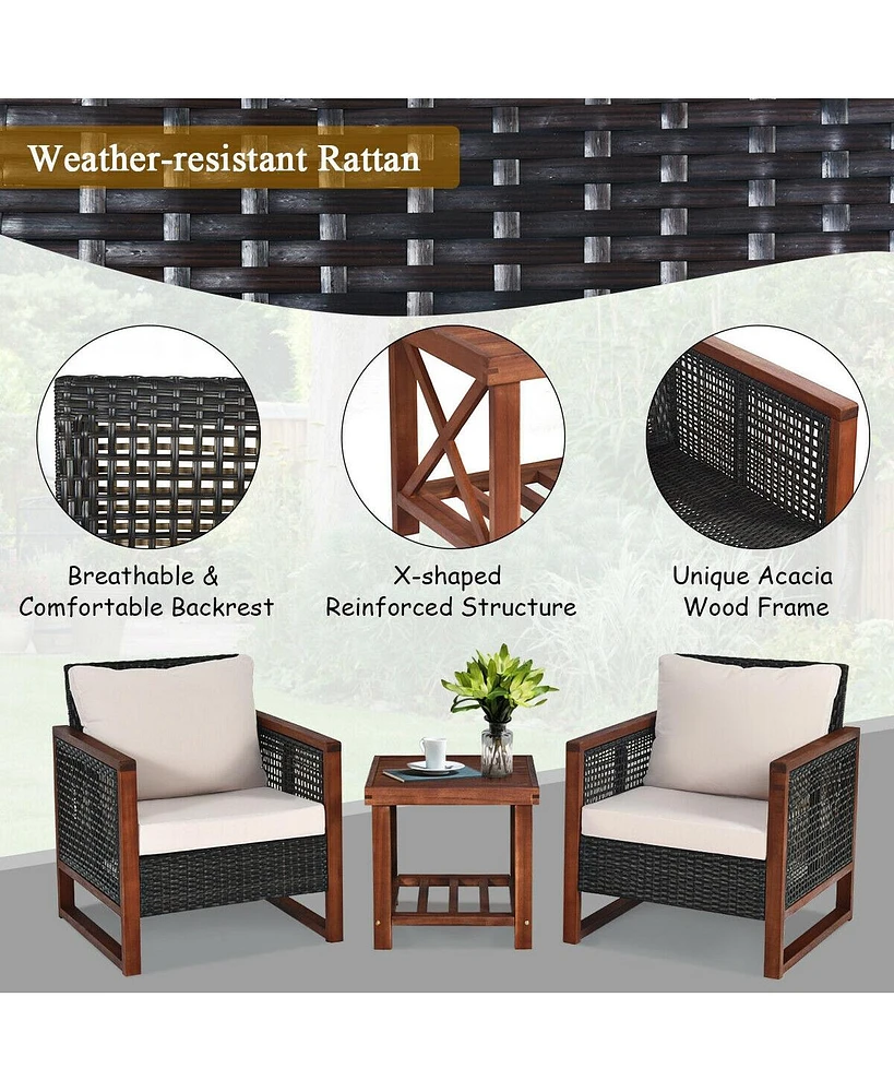 3 Pieces Patio Wicker Furniture Set with Washable Cushion and Acacia Wood Coffee Table-Beige