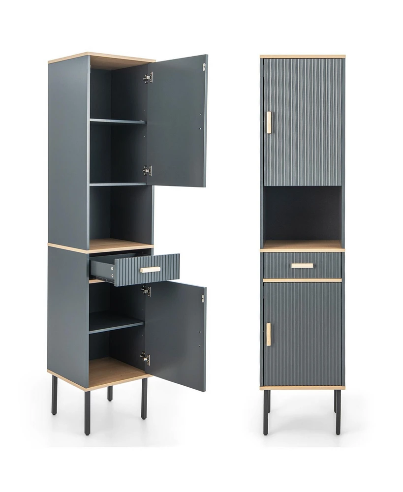Free-Standing Bathroom Cabinet Narrow Linen with Doors and Drawer