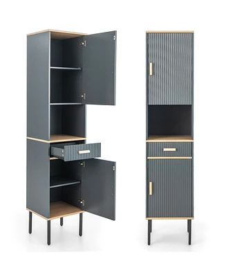 Free-Standing Bathroom Cabinet Narrow Linen with Doors and Drawer