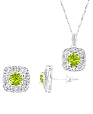 2-Pc. Set Peridot (3-1/4 ct. t.w.) & Lab-Grown White Sapphire (7/8 ct. t.w.) Square Halo Pendant Necklace & Matching Stud Earrings in Sterling Silver