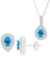 2-Pc. Set Swiss Blue Topaz (2-7/8 ct. t.w.) & Lab-Grown White Sapphire (1 ct. t.w.) Teardrop Halo Pendant Necklace & Matching Stud Earrings in Sterlin