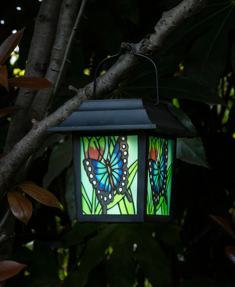 Glitzhome 30" H Set of 2 Solar Powered Butterfly Scene Pattern Garden Lamp or Pathway Light with Ground Stake
