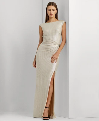 Lauren Ralph Metallic Sleeveless Side-Slit Gown