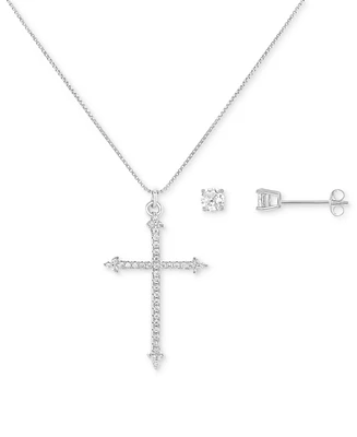 Giani Bernini 2-Pc. St Cubic Zirconia Cross Pendant Necklace & Solitaire Stud Earrings in Sterling Silver, Created for Macy's