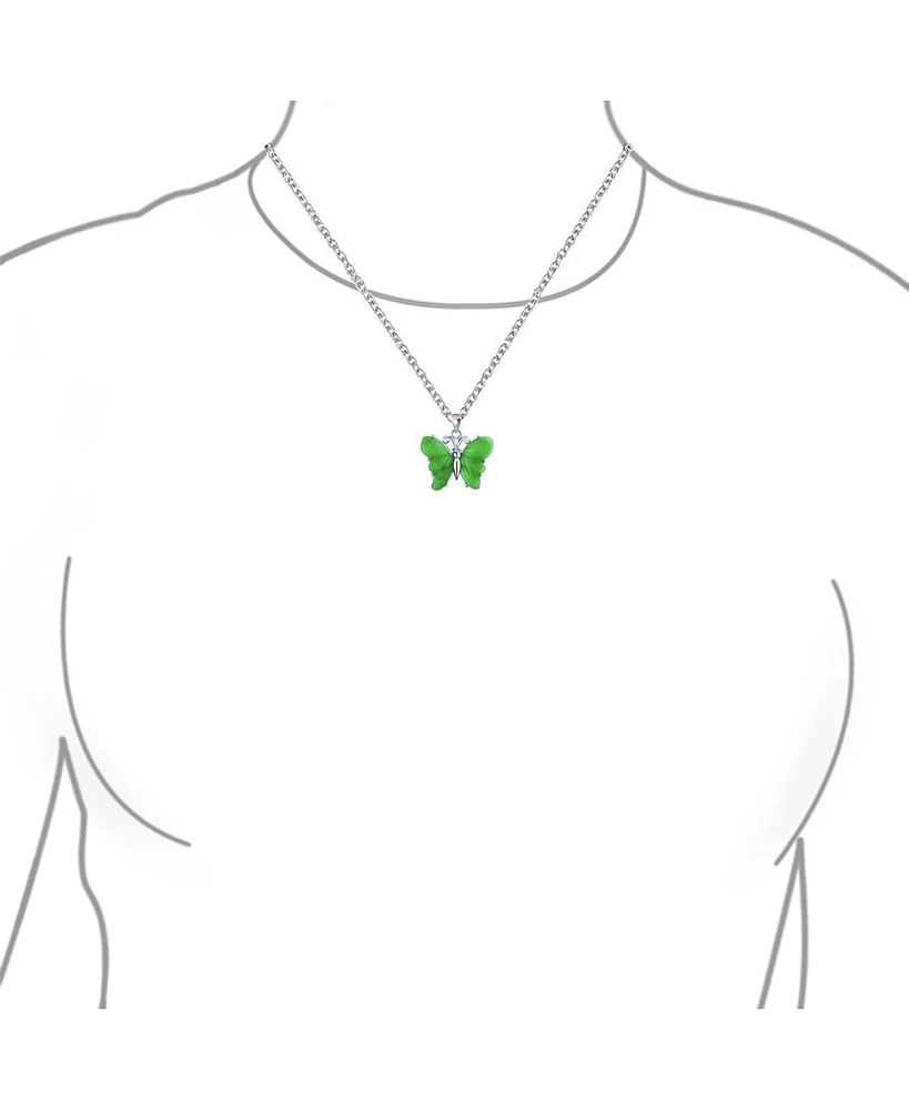 Bling Jewelry Handcrafted Carved Green Natural Jade Garden Butterfly Pendant Necklace For Women Sterling Silver With Chain