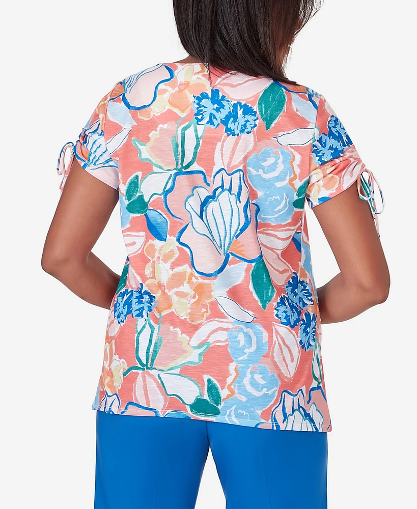 Alfred Dunner Women's Neptune Beach Whimsical Floral Top with Side Ties