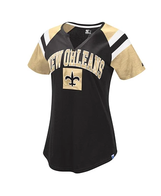 Women's Starter Black, Gold New Orleans Saints Game On Notch Neck Raglan T-shirt