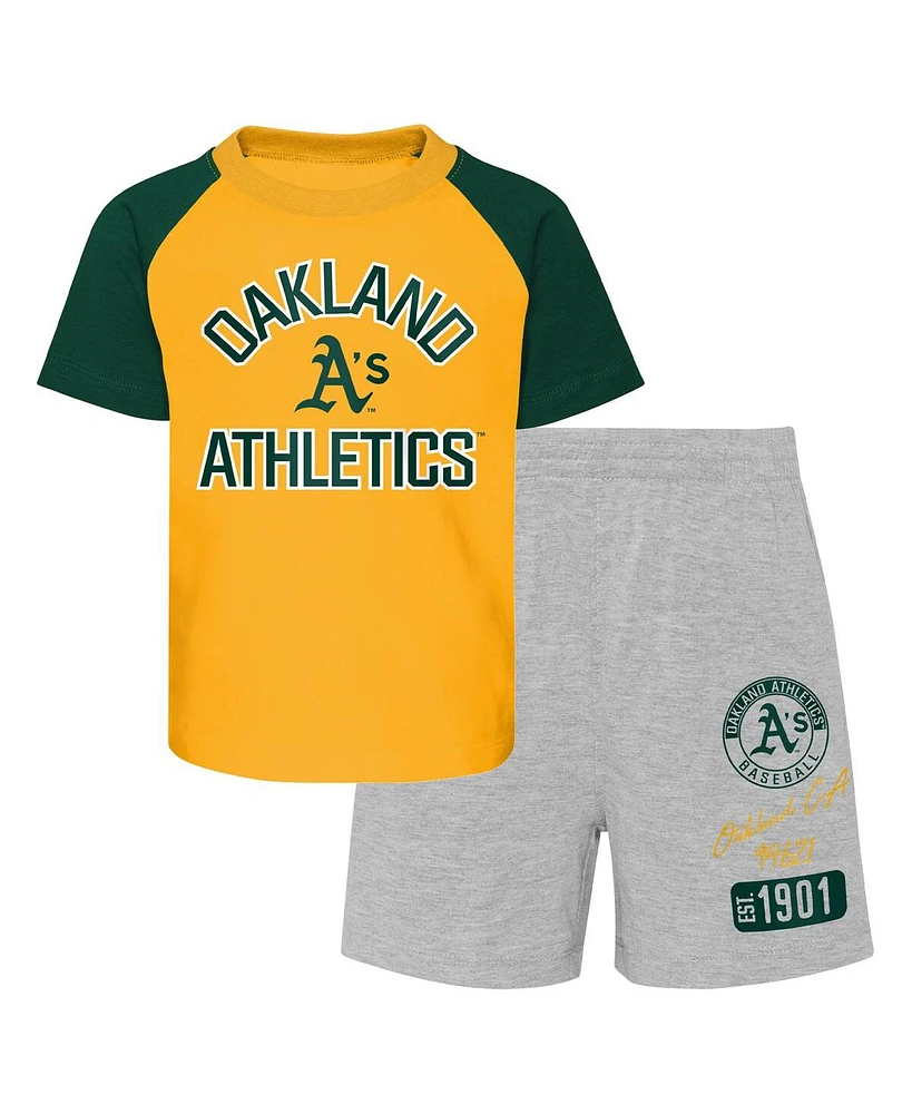 Baby Boys and Girls Gold, Heather Gray Oakland Athletics Ground Out Baller Raglan T-shirt Shorts Set