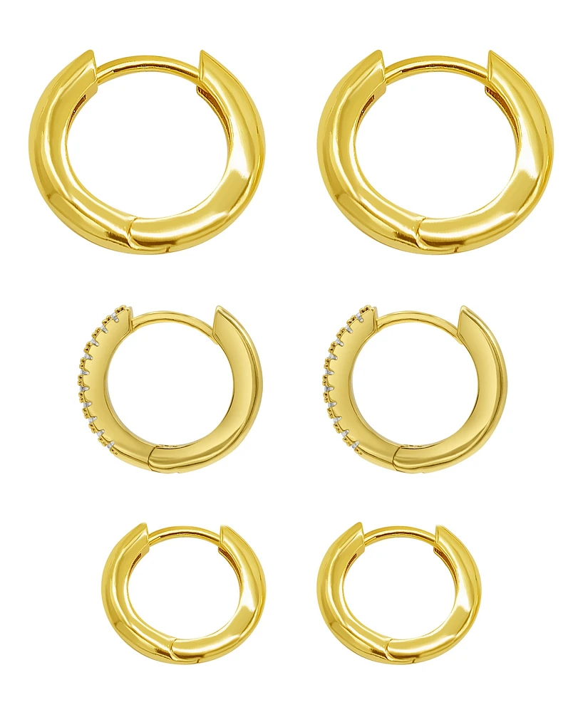 Adornia 14K Gold Plated 3-Huggie Hoop Earrings Set with 1-Crystal Hoop