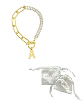 Adornia 14K Gold-Plated Half Crystal and Paperclip Initial Toggle Bracelet