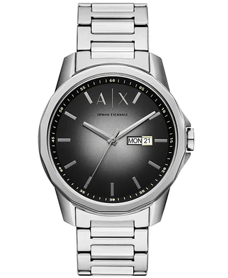 A|X Armani Exchange Men's Three Hand Day-Date Silver-Tone Stainless Steel Watch 44mm