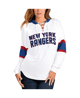 Women's G-iii 4Her by Carl Banks White, Blue New York Rangers Goal Zone Long Sleeve Lace-Up Hoodie T-shirt